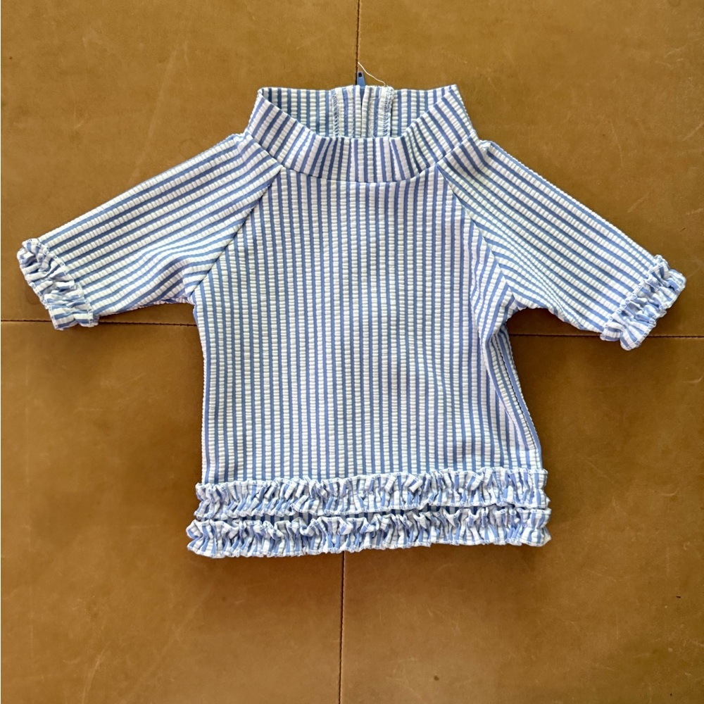 Ruffle Butts Blue and White Rashguard with Ruffle Trim